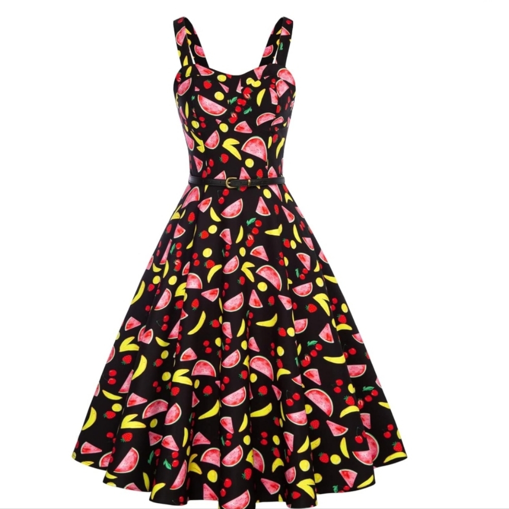 NWT Women's Vintage 50's Style Fruit Swing Dress side zipper and stretch back